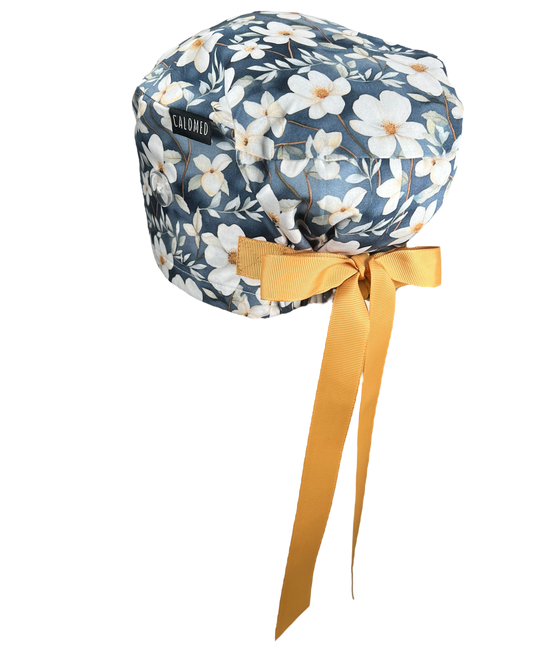 White Flowers on Gray Euro Scrub Cap - 100% Cotton