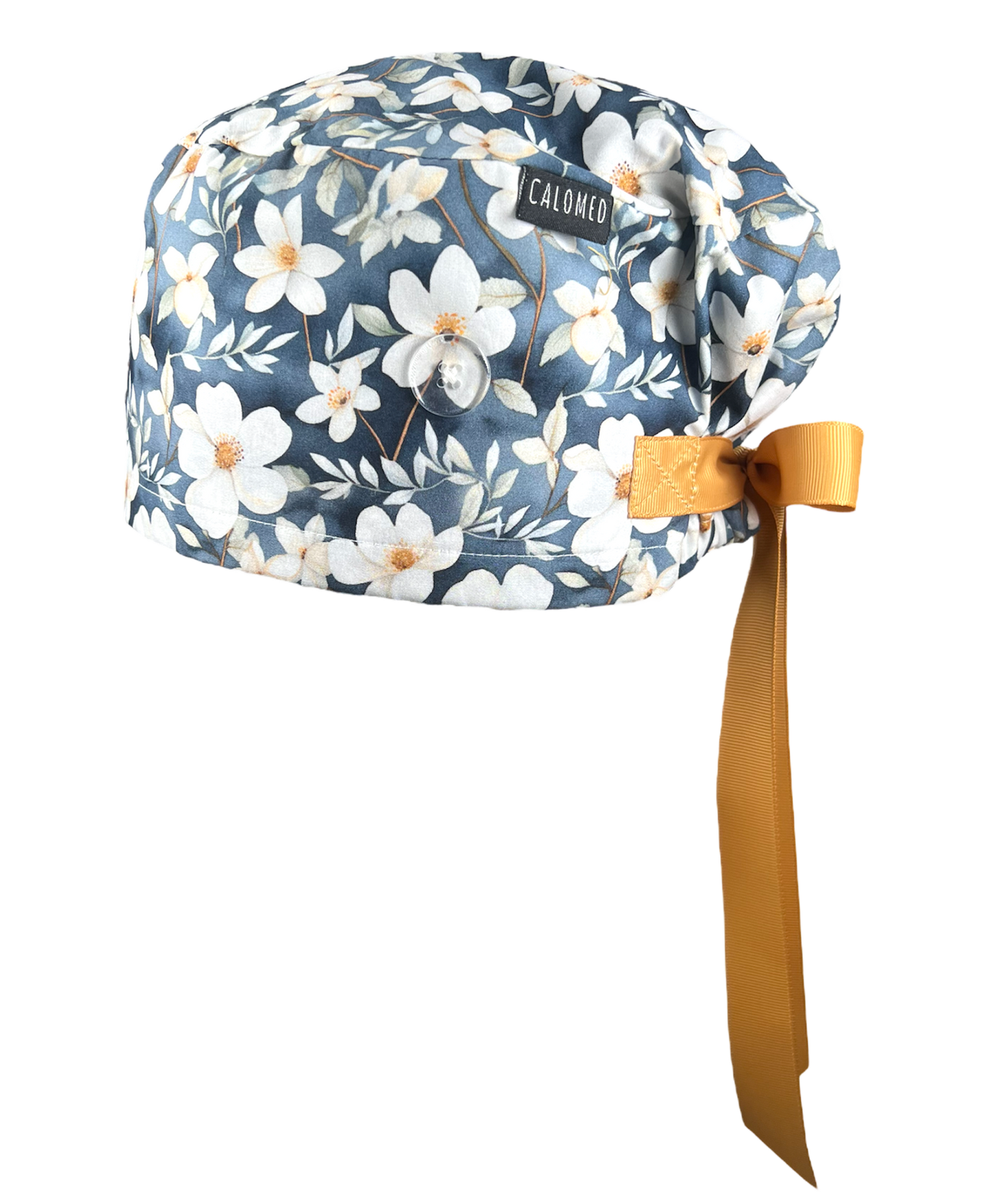 White Flowers on Gray Euro Scrub Cap - 100% Cotton