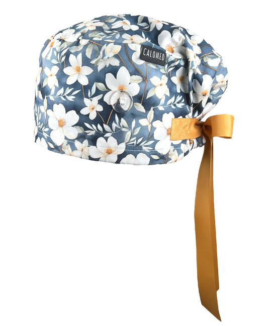 White Flowers on Gray Euro Scrub Cap - 100% Cotton