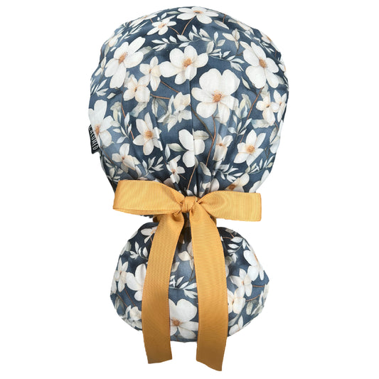 White Flowers on Gray Ponytail Scrub Cap - 100% Cotton