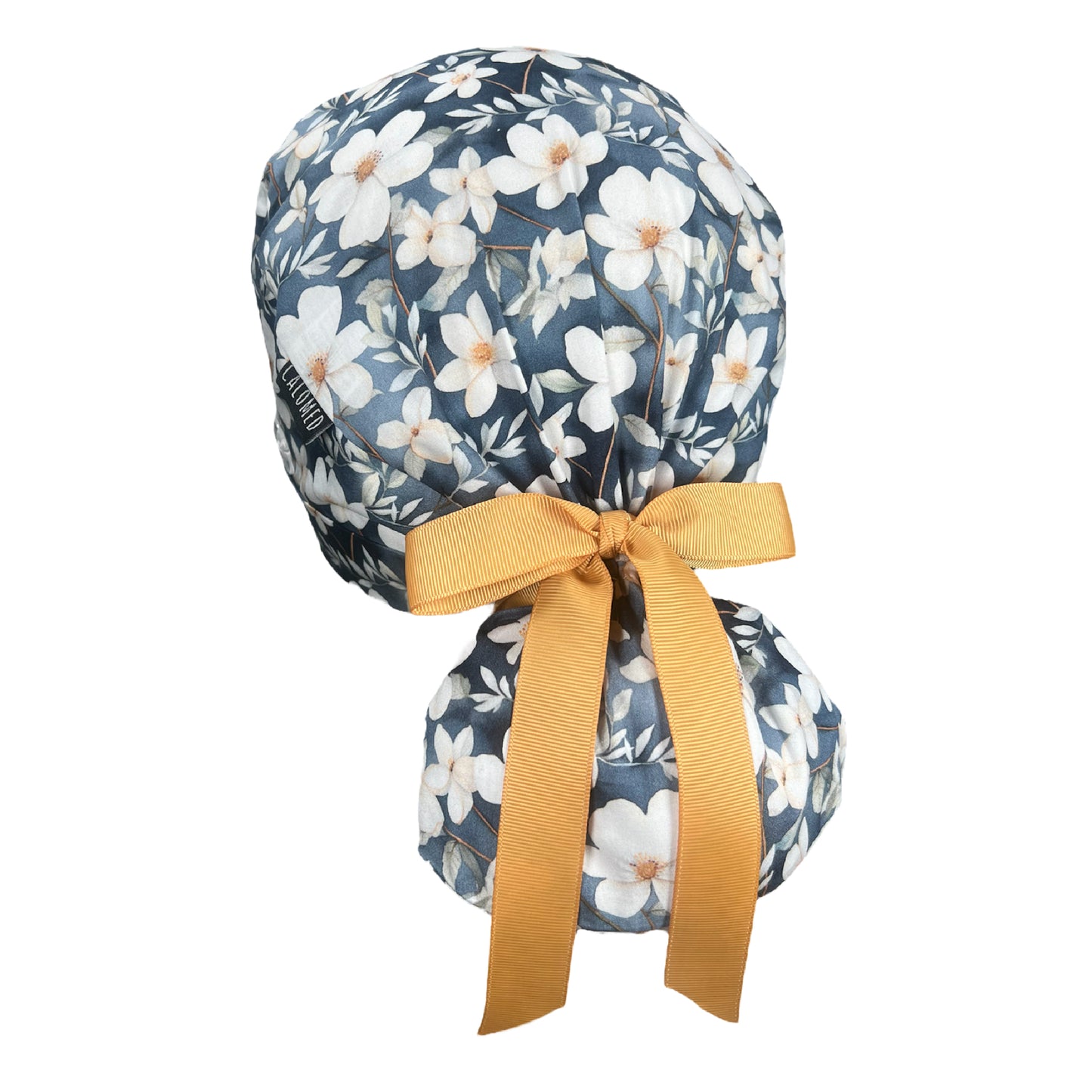 White Flowers on Gray Ponytail Scrub Cap - 100% Cotton