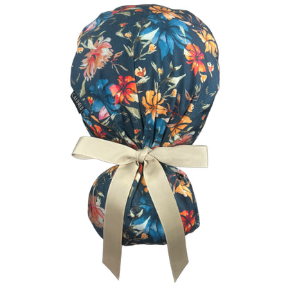 Winter Color Hibiscus Ponytail Scrub Cap - 100% Cotton